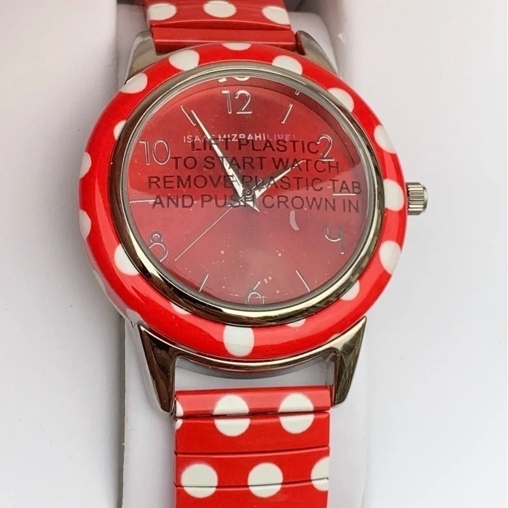 🆕 Isaac Mizrahi Live Ladies Red Polka Dot Expansion Wrist Watch Women’s